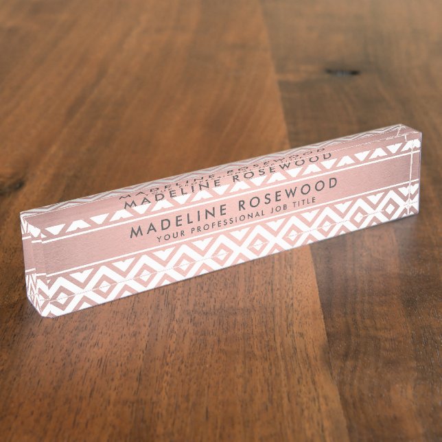 Placa De Nombre Moda Girly Rosa Rosa Gold Chevron Monogramado (Lateral)
