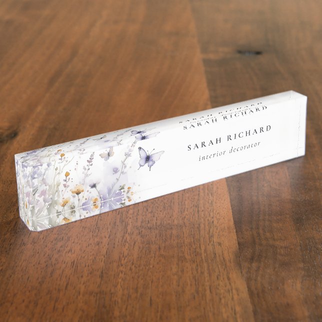 Placa De Nombre Moda Lilac Morado Flor silvestre Mariposa acuarela (Lateral)