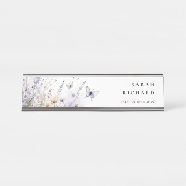 Placa De Nombre Moda Lilac Morado Flor silvestre Mariposa acuarela (Anverso)