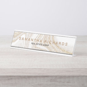 Placa De Nombre moda moderna mármol blanco purpurina dorado nombr