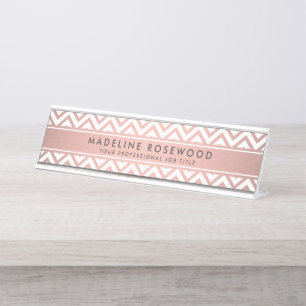 Placa De Nombre Moda Moderno Rosa Dorado Chevron Monogramado