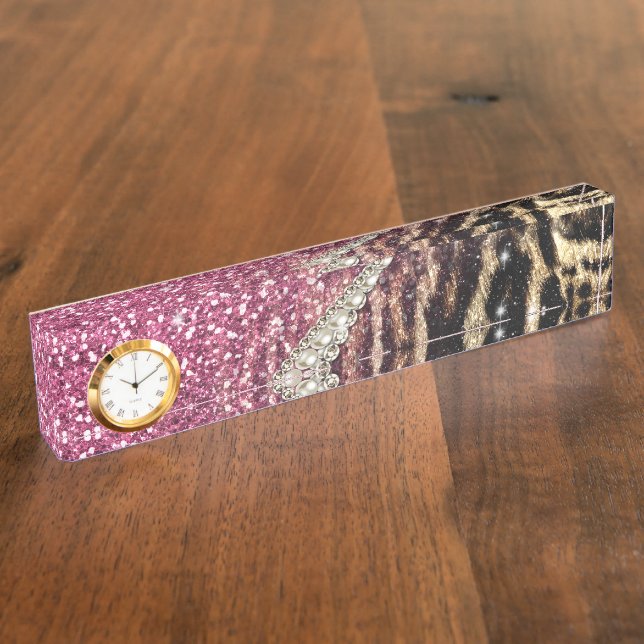 Placa De Nombre Moda Purpurina rosa de impresión de Leopardo Girly (Lateral)