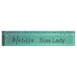 Placa De Nombre Moda Purpurinoso Turquesa Personalizada Jefe Lady