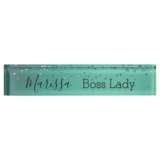Placa De Nombre Moda Purpurinoso Turquesa Personalizada Jefe Lady (Anverso)