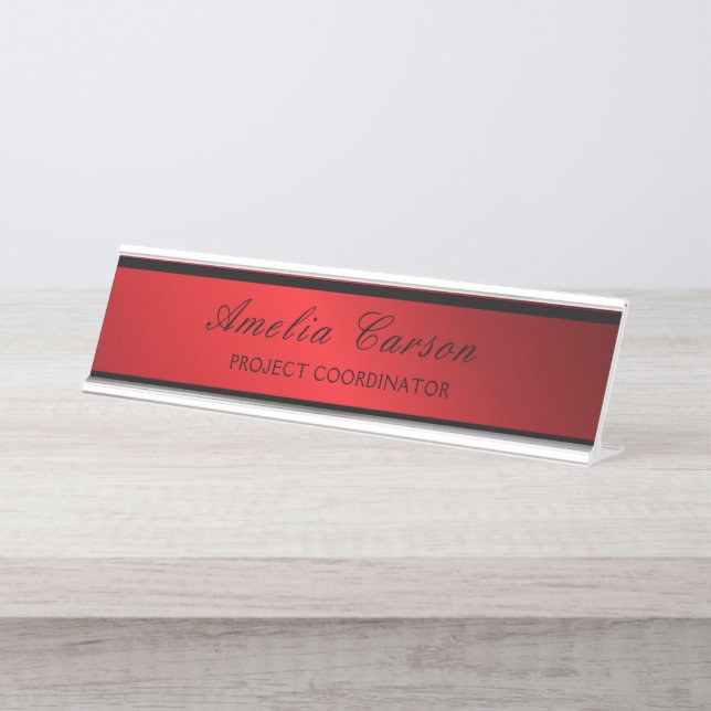 Placa De Nombre Modern Glassy Red & Black- Add Logo, Name, Title (Anverso)