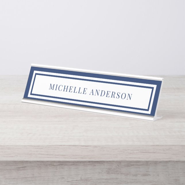 Placa De Nombre Modern Navy Blue Chic Double Boarder Elegant  (Anverso)