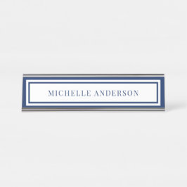Placa De Nombre Modern Navy Blue Chic Double Boarder Elegant 