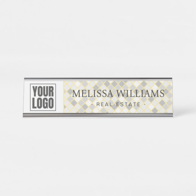 Placa De Nombre Modern Yellow & Gray Geometric Desk Name Plate (Anverso)