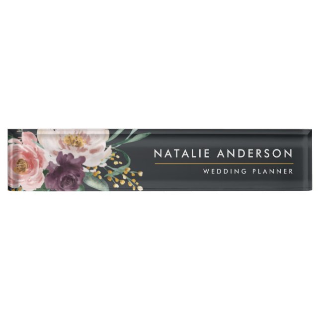 Placa De Nombre Moderna acuarela floral y follaje elegante (Anverso)