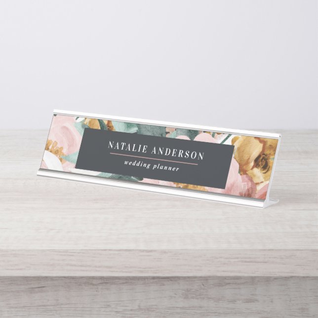 Placa De Nombre Moderna acuarela floral y follaje elegante (Anverso)