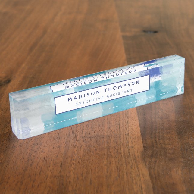 Placa De Nombre Moderna acuarela turquesa y gris acuarela Resumen  (Lateral)