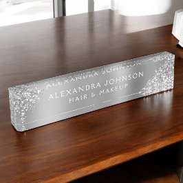 Placa De Nombre Moderna maquillaje del Purpurina plateado Sparkle 