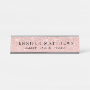 Placa De Nombre Moderna maquillaje Rosa Purpurina de espuma de oro