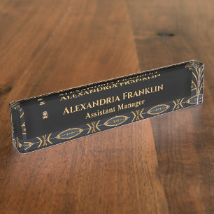 Placa De Nombre Moderna Oficina de Oro Negro Personalizada