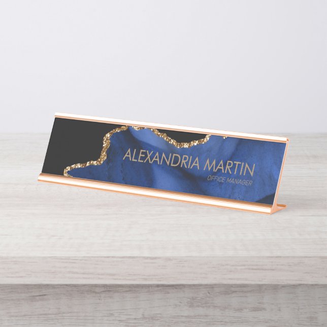 Placa De Nombre Moderna y elegante Marina Azul Purpurina de oro Ag (Anverso)