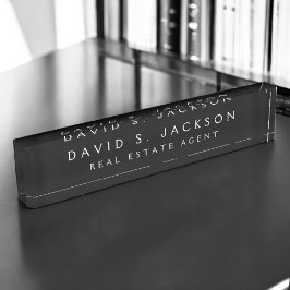 Placa De Nombre Moderno blanco negro elegante profesional