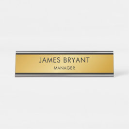 Placa De Nombre Moderno Dorado Vidrioso y Negro - Agregar logotipo