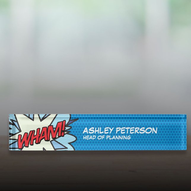 Placa De Nombre Moderno Guay Comic Book Pop Art Flash WHAM (Modern Cool Comic Book Pop Art Flash WHAM Desk Name Plate)
