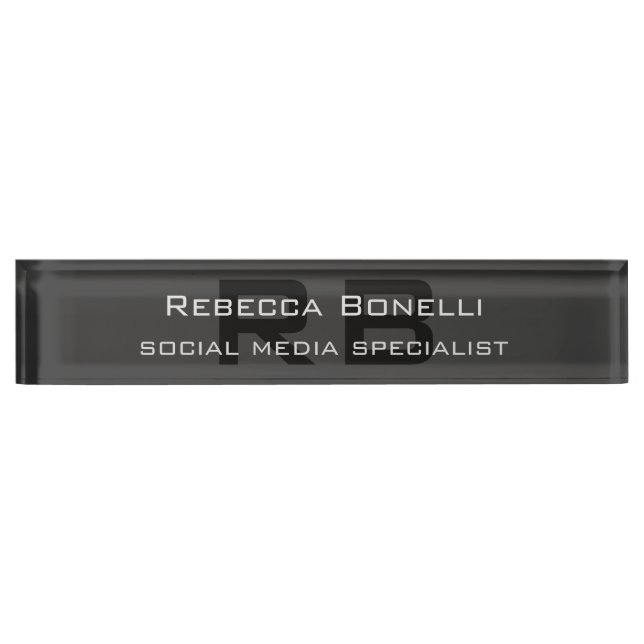 Placa De Nombre Moderno Monograma Profesional Gris Negro (Anverso)