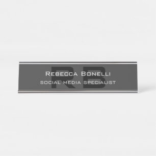 Placa De Nombre Moderno Monograma Profesional Gris Negro