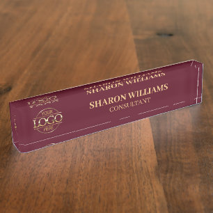 Placa De Nombre Moderno Profesional Burgundy Red Gold Office Títul
