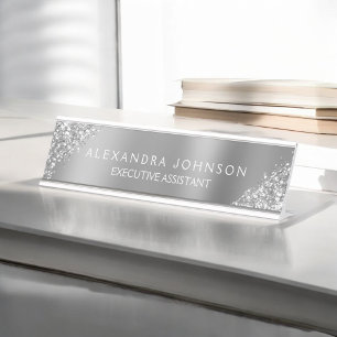 Placa De Nombre Moderno Purpurina profesional de lujo Silver Spark