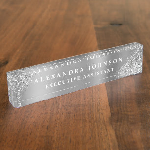 Placa De Nombre Moderno Purpurina profesional Silver Sparkle