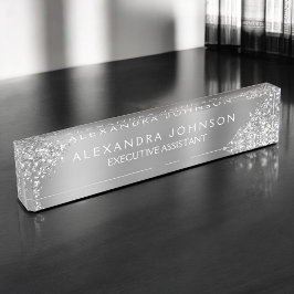 Placa De Nombre Moderno Purpurina profesional Silver Sparkle