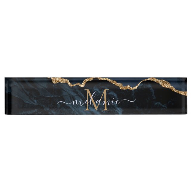 Placa De Nombre Monograma Agy Marina Azul Oro Gemstone Mármol (Anverso)