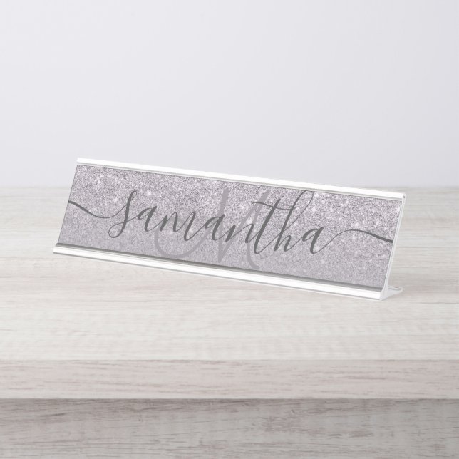 Placa De Nombre Monograma de lavanda oscura purpurina púrpura mode (Anverso)