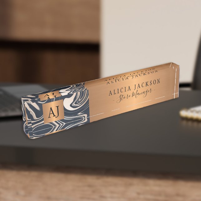 Placa De Nombre Monograma de oro negro con patrón abstracto de már (Subido por el creador)