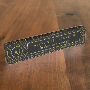 Placa De Nombre Monograma del gerente de la peluquería negra y dor