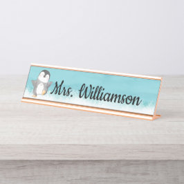 Placa De Nombre Monograma del profesor de aula de pingüino