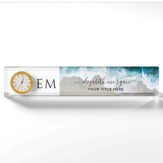 Placa De Nombre Monograma Elegante Personalizado Playa Azul Reloj