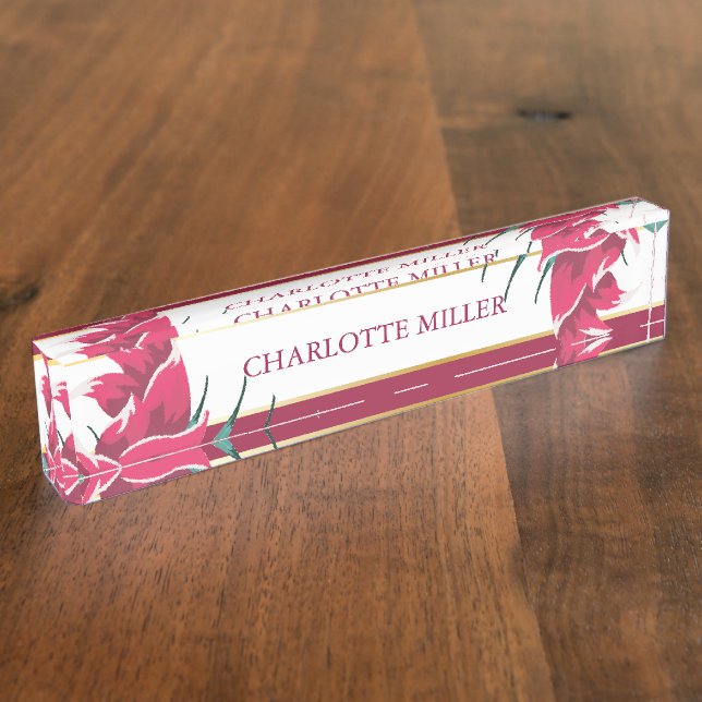 Placa De Nombre Monograma floral de Borgoña a rayas (Lateral)