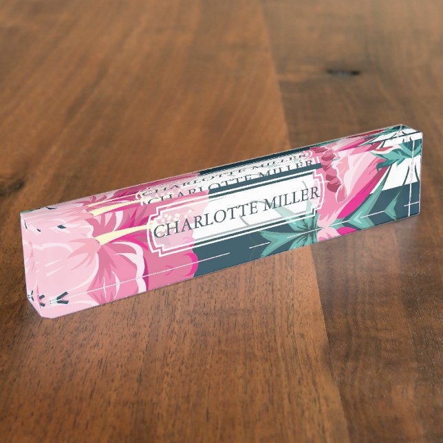 Placa De Nombre Monograma floral de verano exótico a rayas (Lateral)