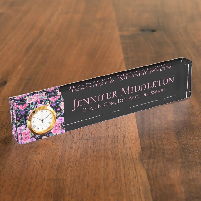 Placa De Nombre Monograma floral negro rosa personalizado  (Lateral)
