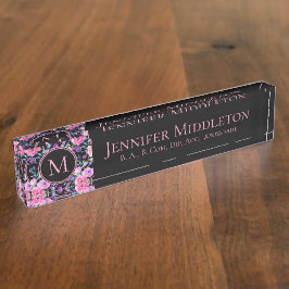 Placa De Nombre Monograma floral rosa negro y personalizado
