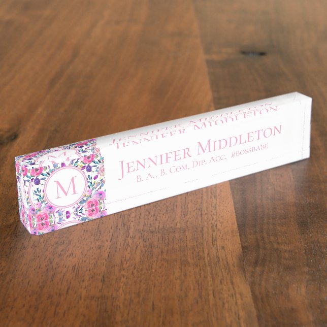 Placa De Nombre Monograma floral rosa personalizado de bonito (Lateral)