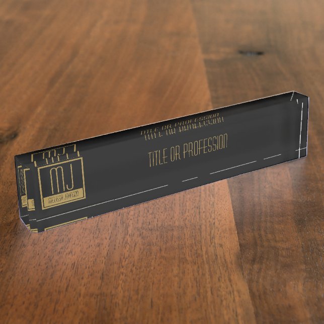 Placa De Nombre Monograma inicial moderno negro y oro (Lateral)