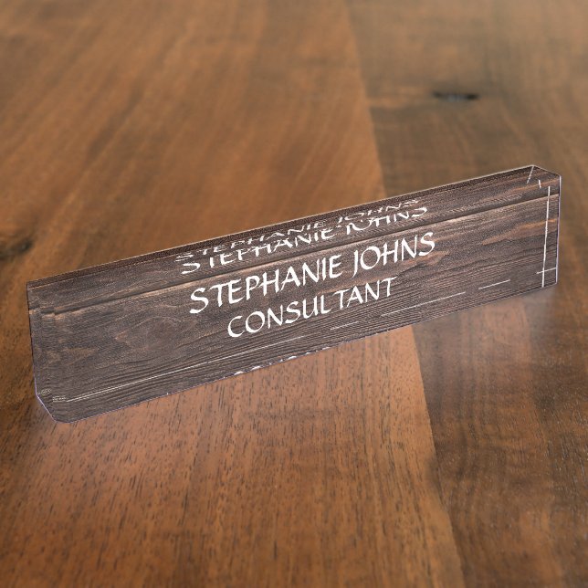 Placa De Nombre Monograma marrón de madera rústica Nombre elegante (Lateral)