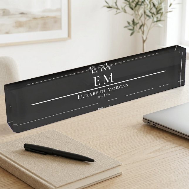 Placa De Nombre Monograma Mínimo Moderno Blanco Negro Profesional (Subido por el creador)