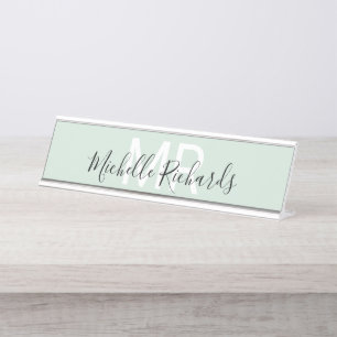 Placa De Nombre Monograma moderno de nombre verde claro minimalist