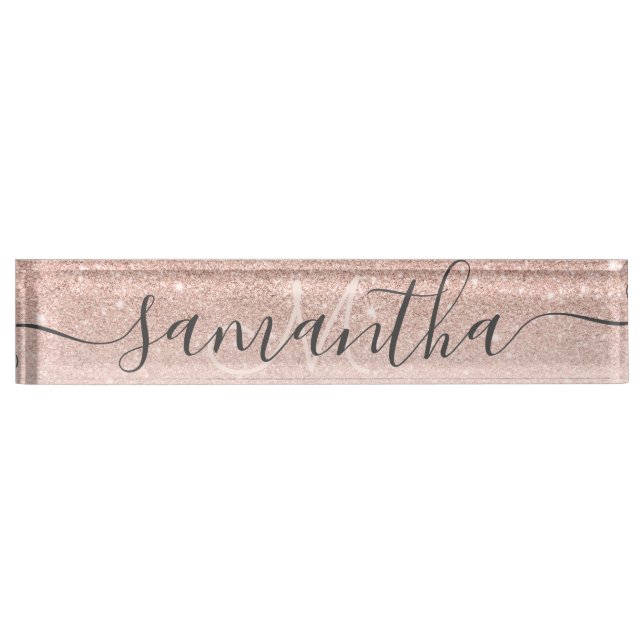 Placa De Nombre Monograma negro oscuro de purpurina rosa dorado mo (Anverso)