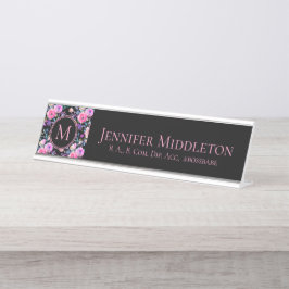 Placa De Nombre Monograma negro rosado floral personalizado