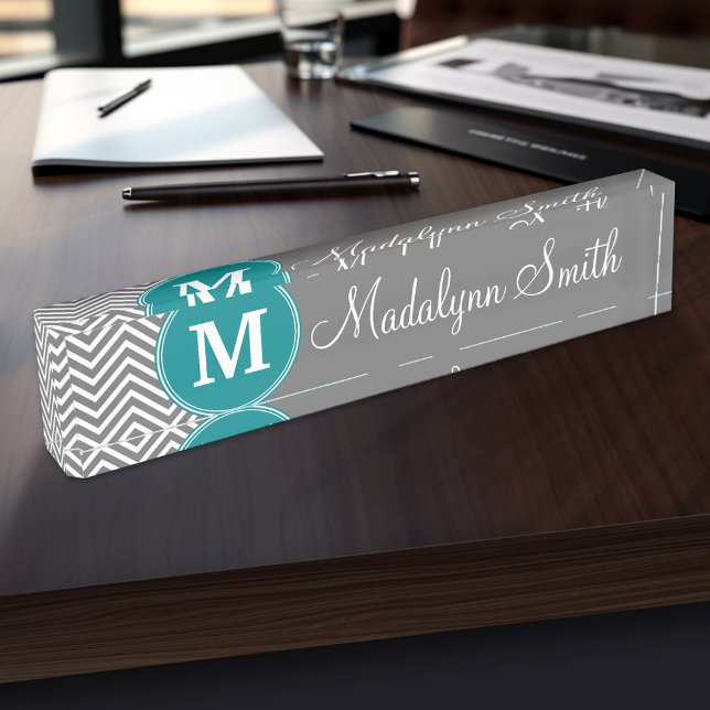 Placa De Nombre Monograma Personalizado de Chevrras de Turquesa y  (Personalized Name Plate for the Office, School or Home)