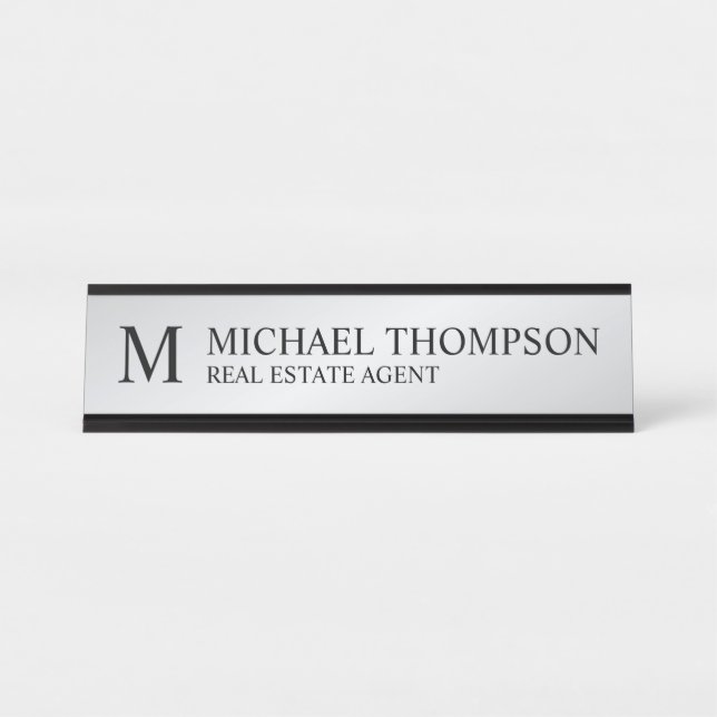 Placa De Nombre Monograma profesional negro y plateado (Anverso)