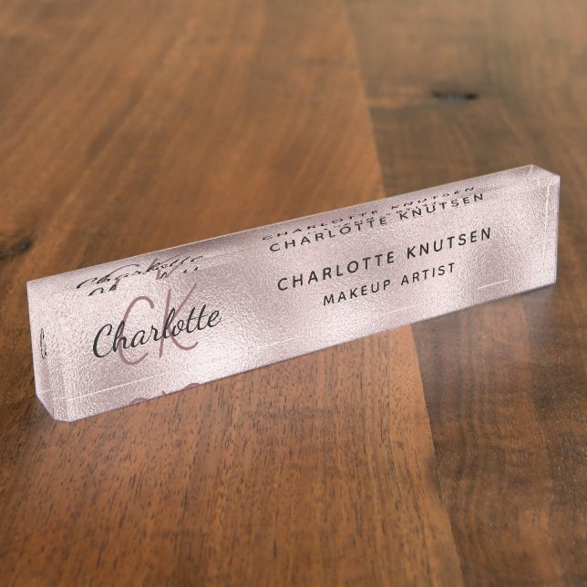 Placa De Nombre Monograma rosa dorado Rosa profesional moderno (Lateral)