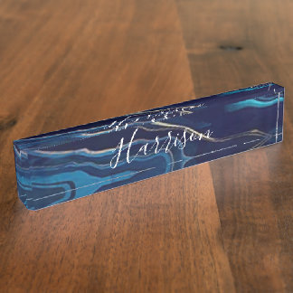 Placa De Nombre Monograma y nombre de oro de mármol azul marino  