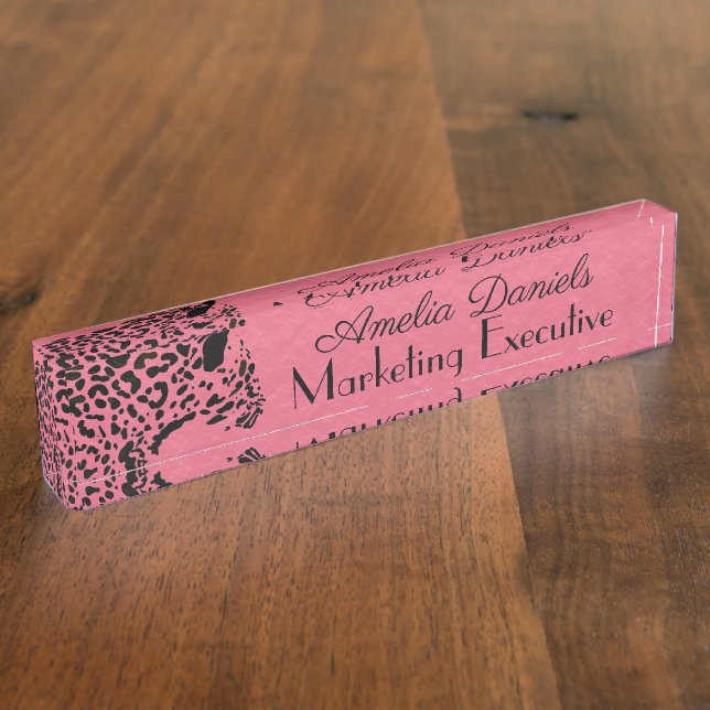 Placa De Nombre Mostrador elegante de monograma rosa y negro jagua (Lateral)